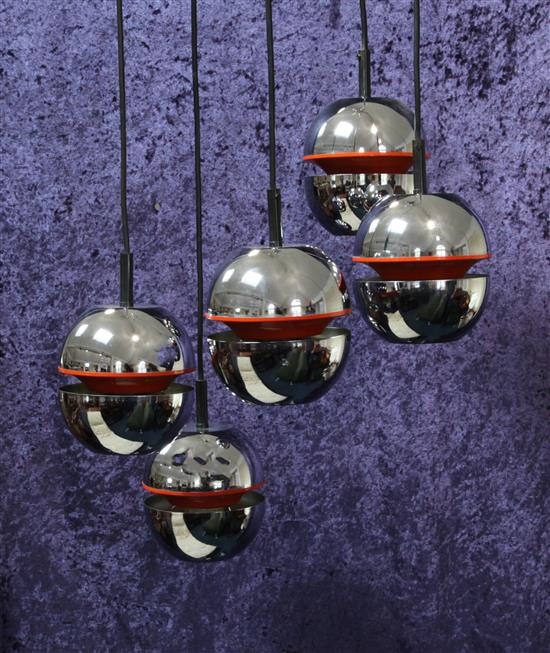 A 20th century chrome hanging five ball light fitting, overall L.3ft 11in.